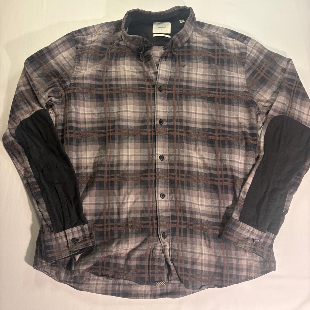 Billy Reid Slim Fit Plaid Flannel Shirt Mens XL Grey Brown Elbow Patches Italy